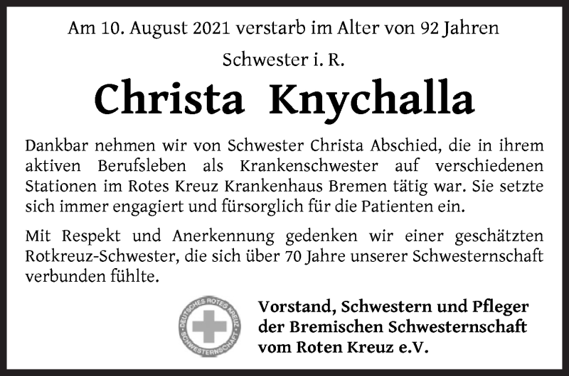  Traueranzeige für Christa Knychalla vom 28.08.2021 aus WESER-KURIER