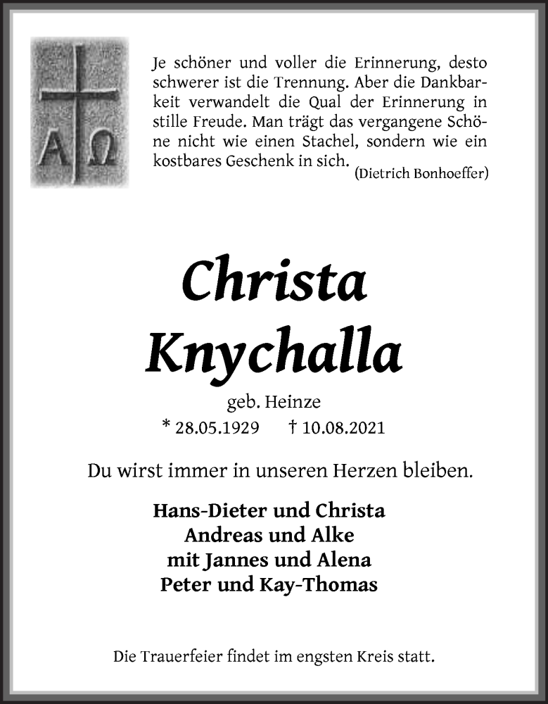  Traueranzeige für Christa Knychalla vom 14.08.2021 aus WESER-KURIER