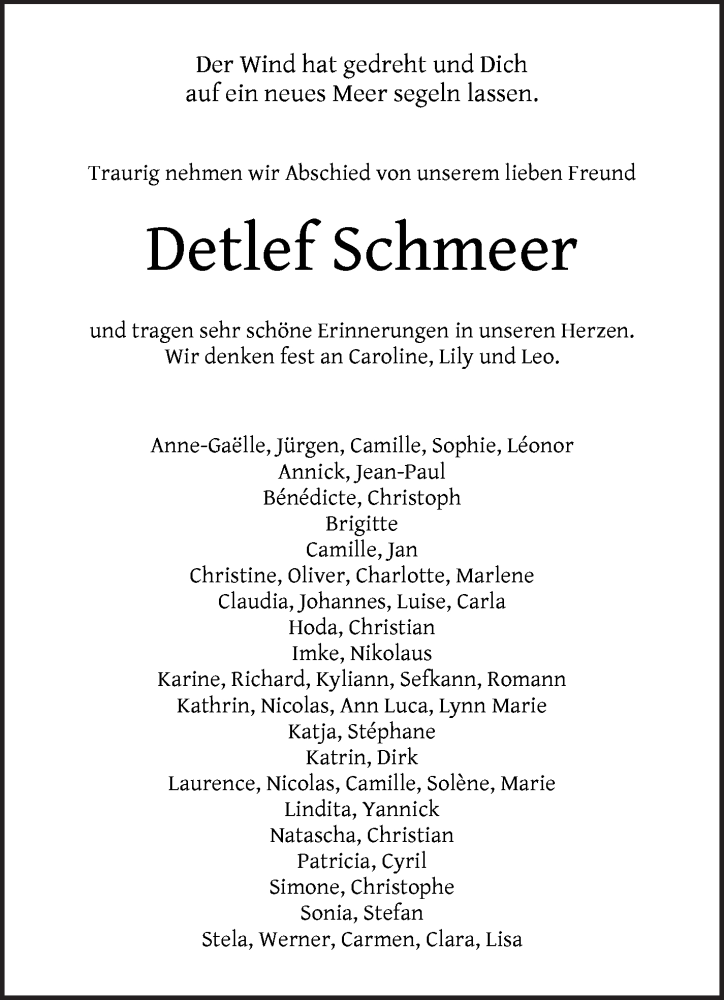  Traueranzeige für Detlef Schmeer vom 28.08.2021 aus WESER-KURIER