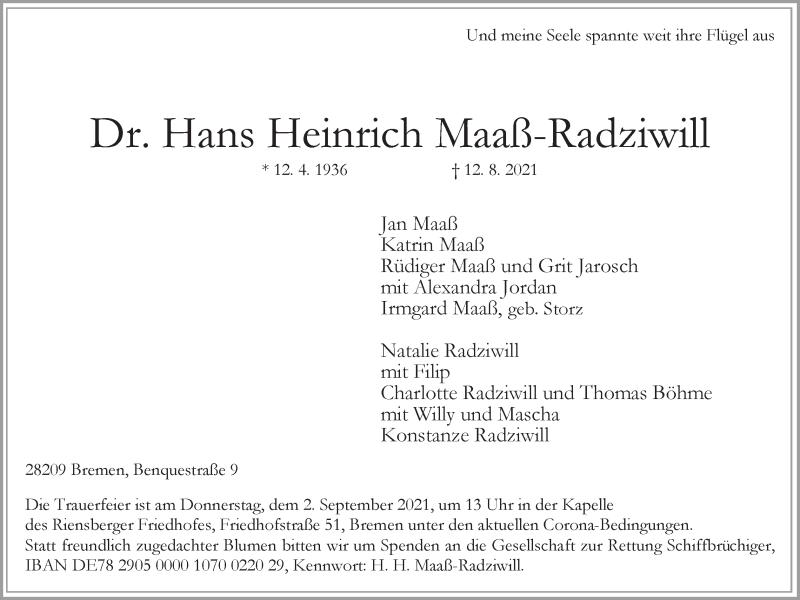 Traueranzeige von Dr. Hans Heinrich Maaß-Radziwill von WESER-KURIER