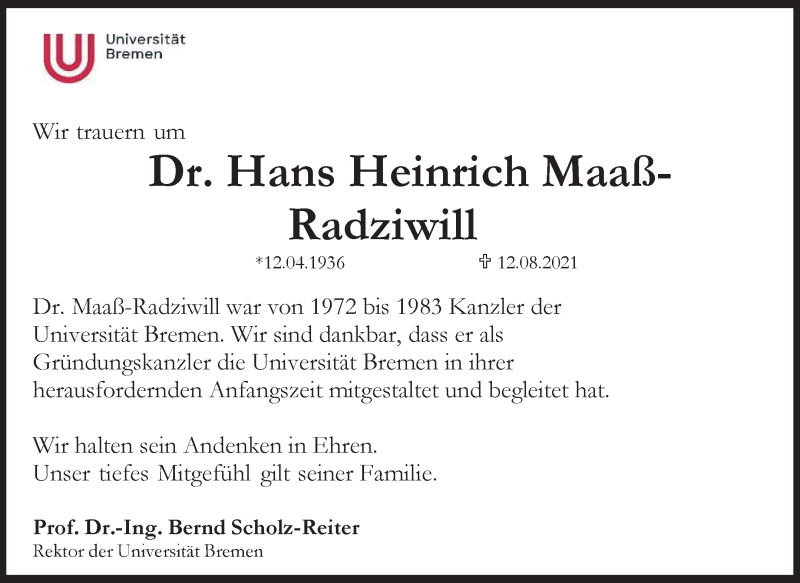 Traueranzeige von Dr. Hans Heinrich Maaß-Radziwill von WESER-KURIER