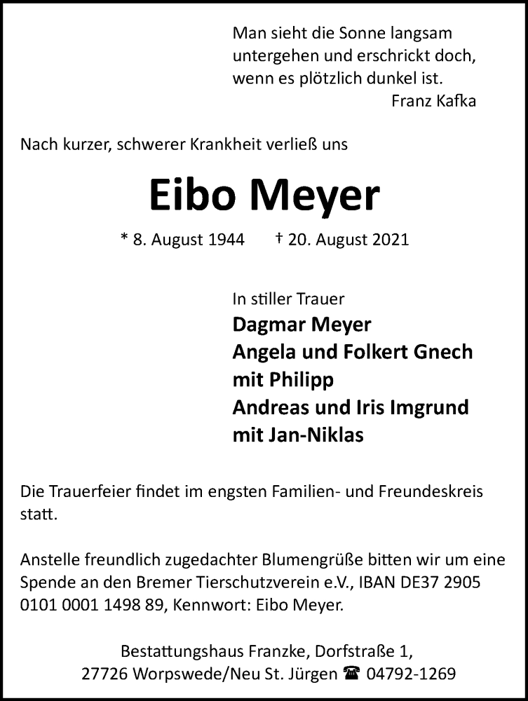  Traueranzeige für Eibo Meyer vom 28.08.2021 aus WESER-KURIER