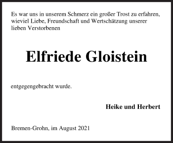 Traueranzeige von Elfriede Gloistein