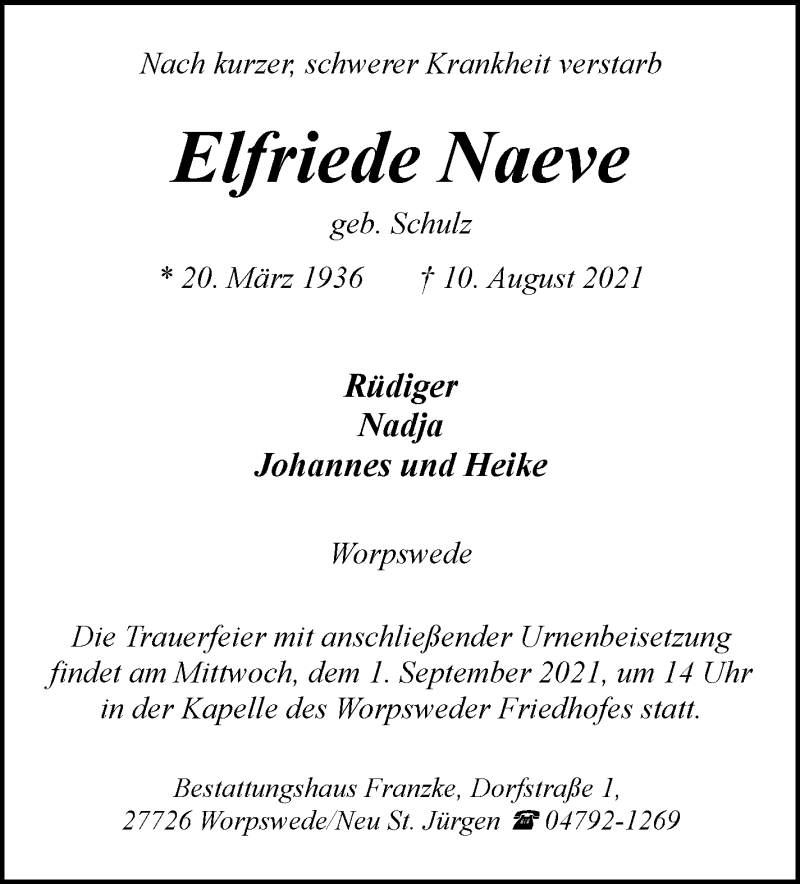  Traueranzeige für Elfriede Naeve vom 21.08.2021 aus Wuemme Zeitung