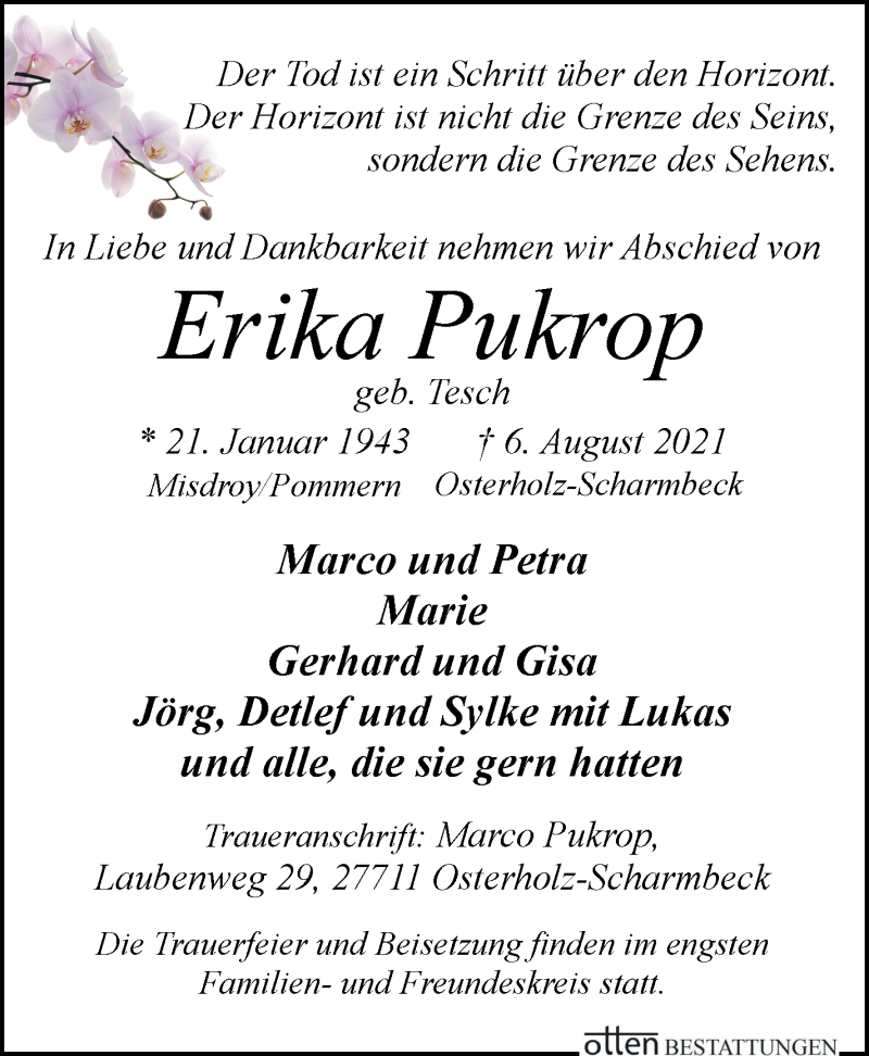 Traueranzeige von Erika Pukrop von Osterholzer Kreisblatt