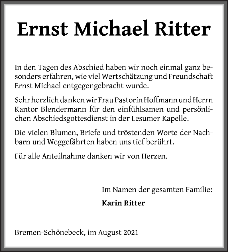Traueranzeigen von Ernst Michael Ritter
