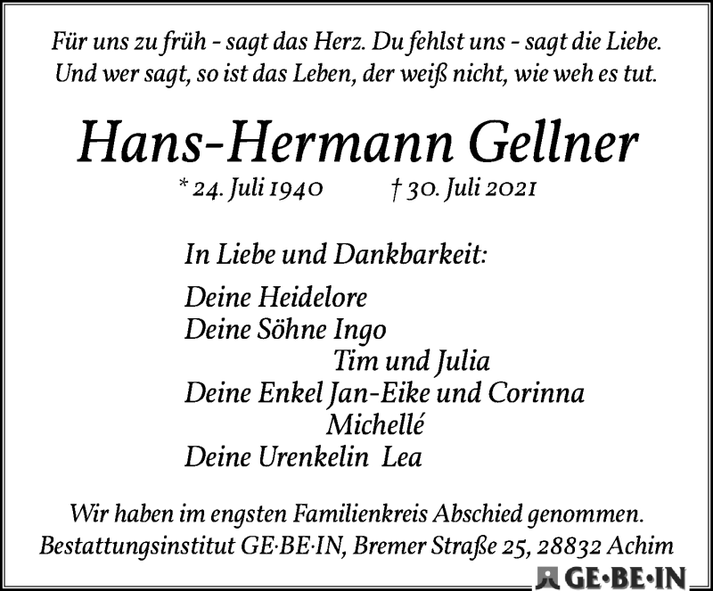 Traueranzeige von Hans-Hermann Gellner von WESER-KURIER
