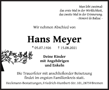 Traueranzeige von Hans Meyer