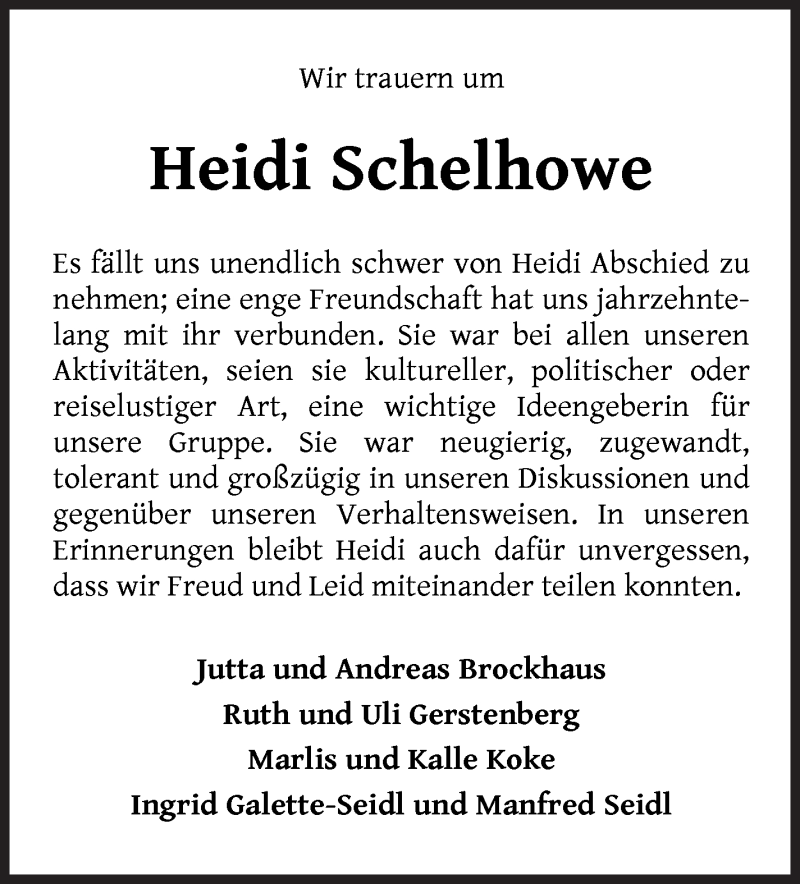  Traueranzeige für Heidi Schelhowe vom 21.08.2021 aus WESER-KURIER