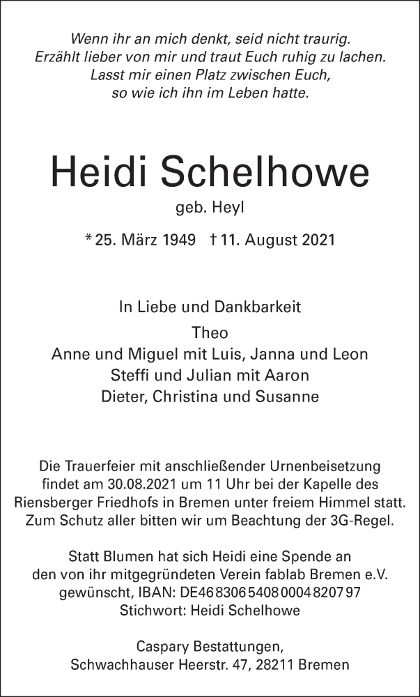  Traueranzeige für Heidi Schelhowe vom 21.08.2021 aus WESER-KURIER