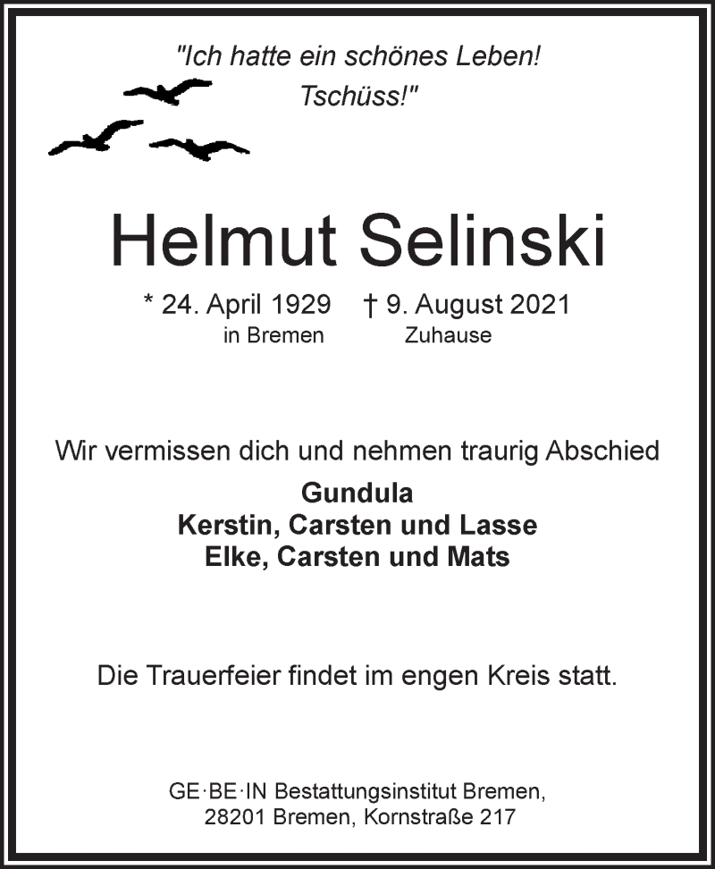 Traueranzeige von Helmut Selinski von WESER-KURIER