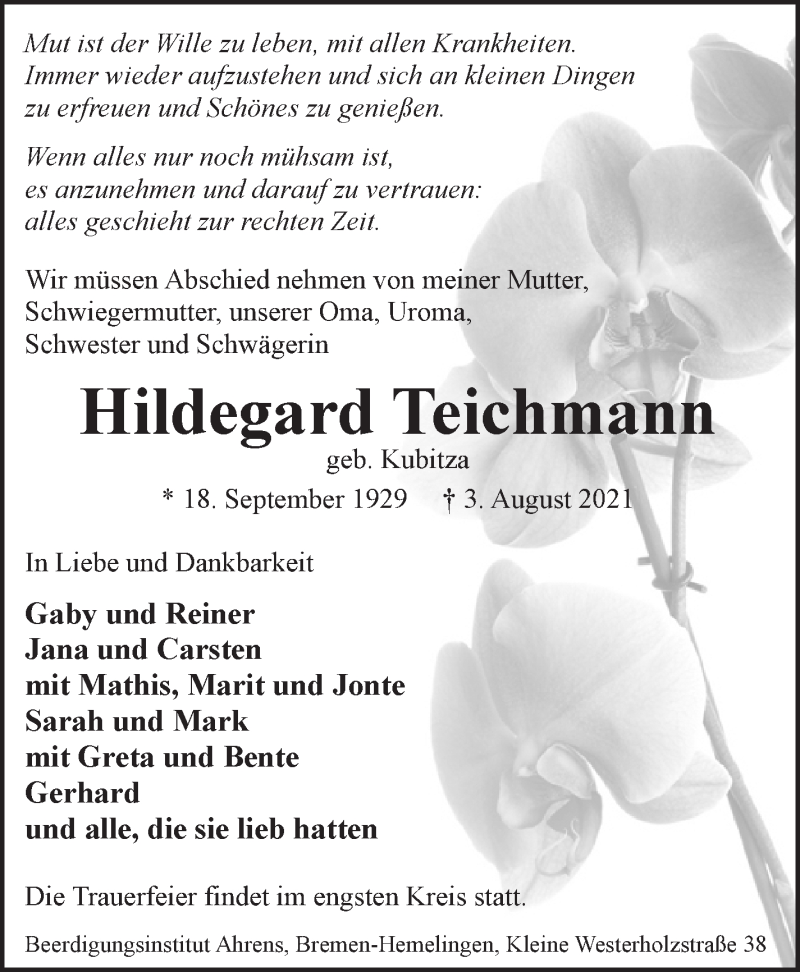 Traueranzeige von Hildegard Teichmann von WESER-KURIER