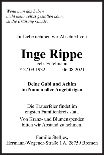 Traueranzeige von Inge Rippe