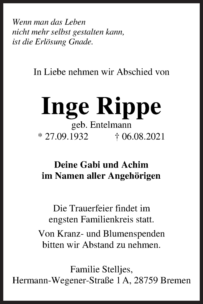  Traueranzeige für Inge Rippe vom 14.08.2021 aus Die Norddeutsche