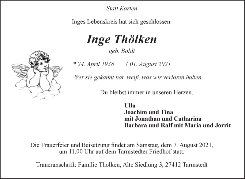 Traueranzeigen von Inge Thölken | Trauer & Gedenken
