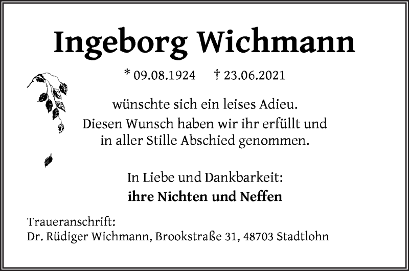  Traueranzeige für Ingeborg Wichmann vom 14.08.2021 aus WESER-KURIER