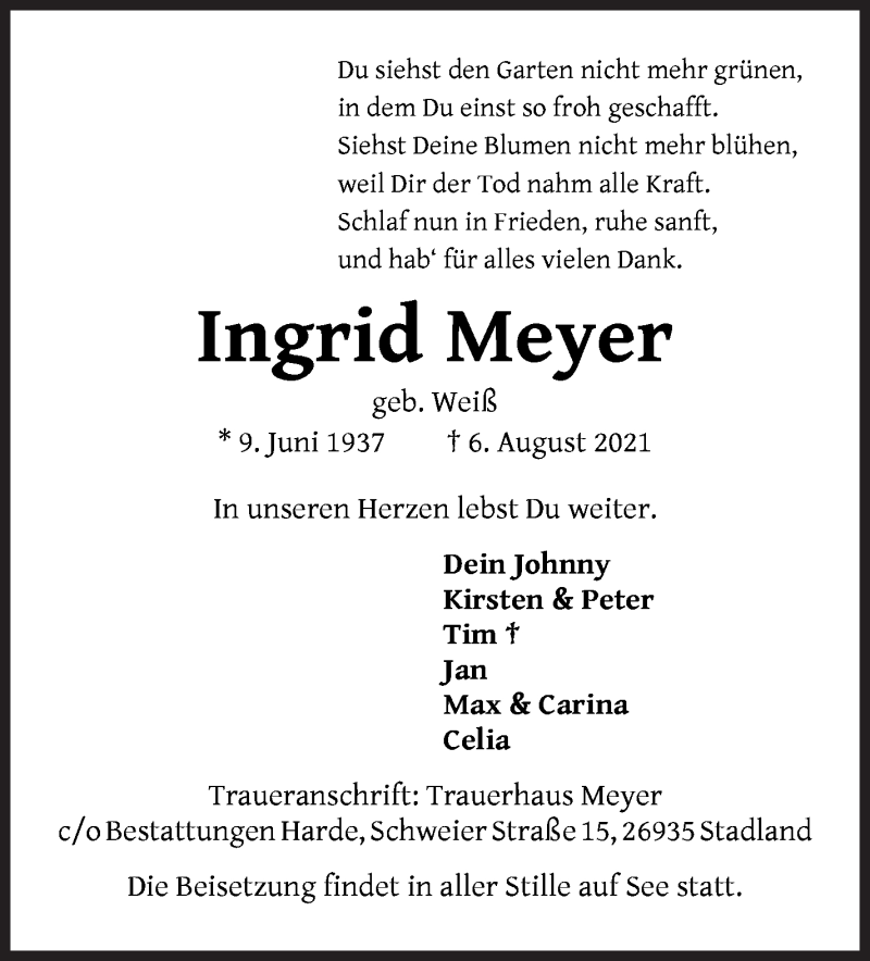  Traueranzeige für Ingrid Meyer vom 10.08.2021 aus WESER-KURIER