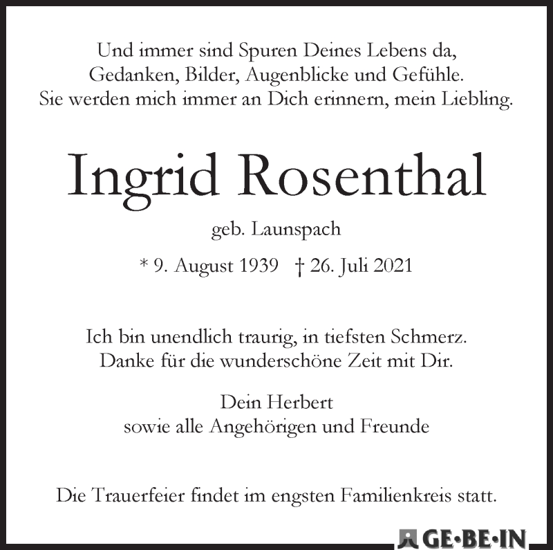 Traueranzeige für Ingrid Rosenthal vom 07.08.2021 aus WESER-KURIER