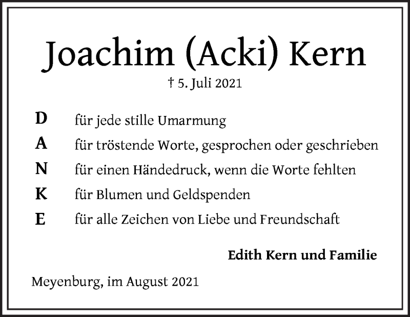 Traueranzeige von Joachim (Acki) Kern von Die Norddeutsche