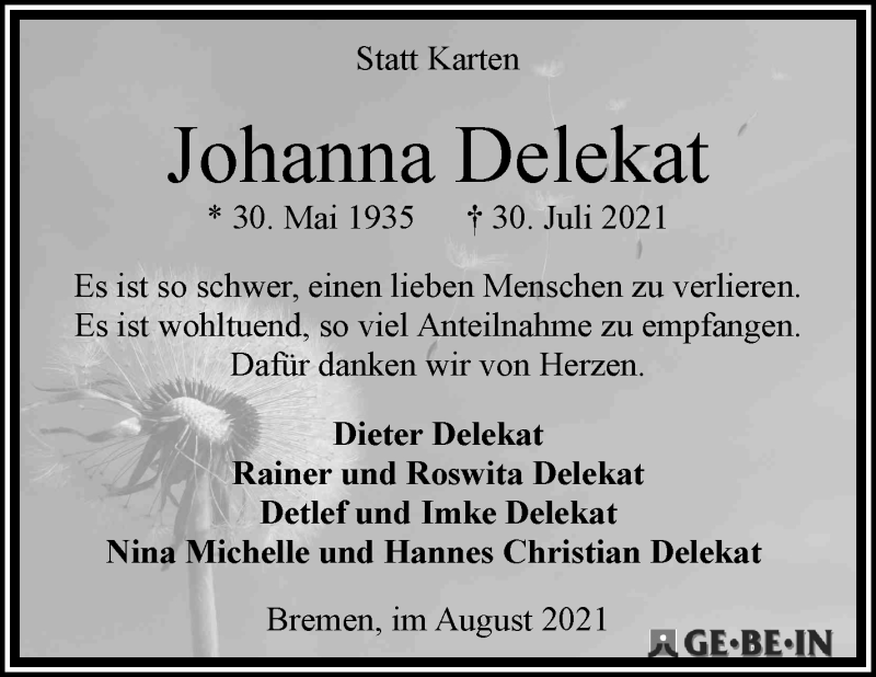 Traueranzeige von Johanna Delekat von WESER-KURIER