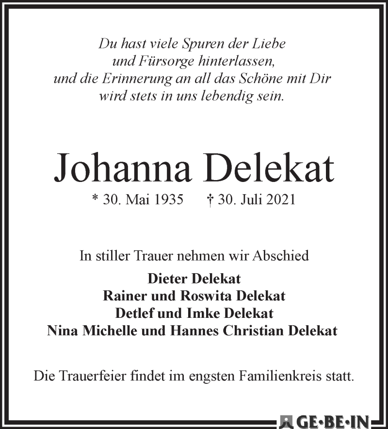 Traueranzeige von Johanna Delekat von WESER-KURIER