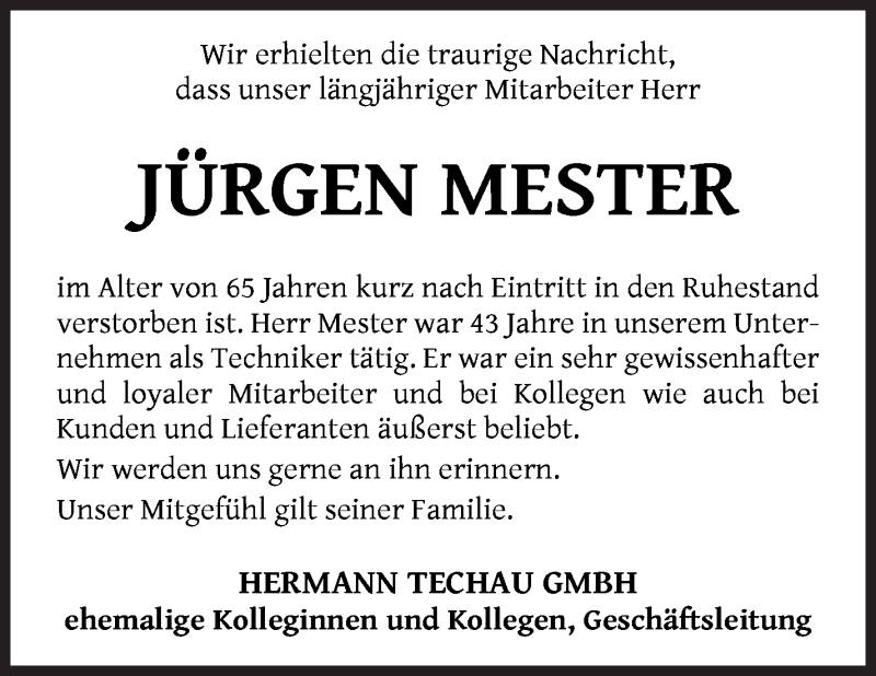  Traueranzeige für Jürgen Mester vom 21.08.2021 aus WESER-KURIER