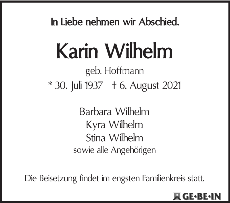  Traueranzeige für Karin Wilhelm vom 14.08.2021 aus WESER-KURIER