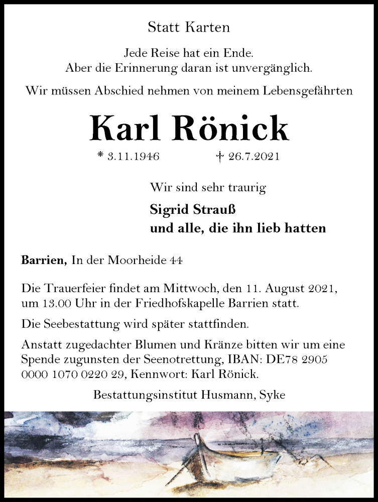 Traueranzeige von Karl Rönick von WESER-KURIER