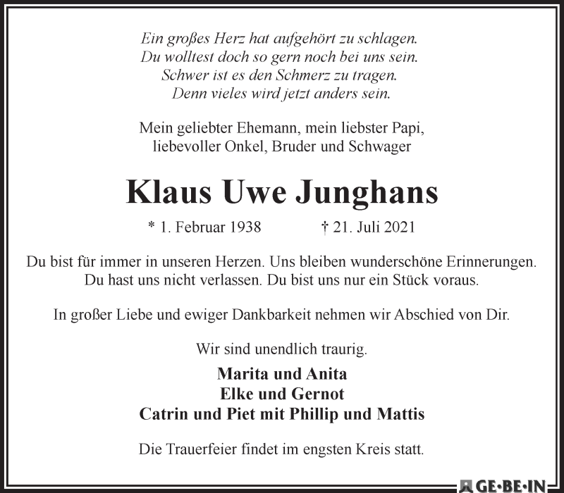  Traueranzeige für Klaus Uwe Junghans vom 07.08.2021 aus WESER-KURIER