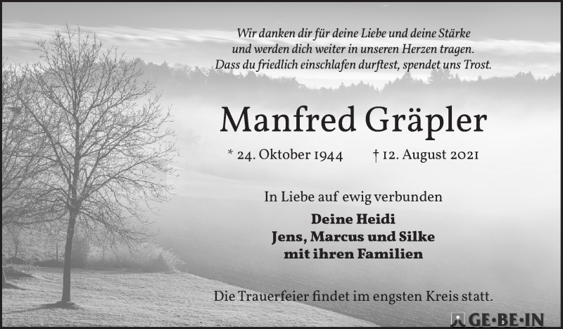 Traueranzeige von Manfred Gräpler von WESER-KURIER