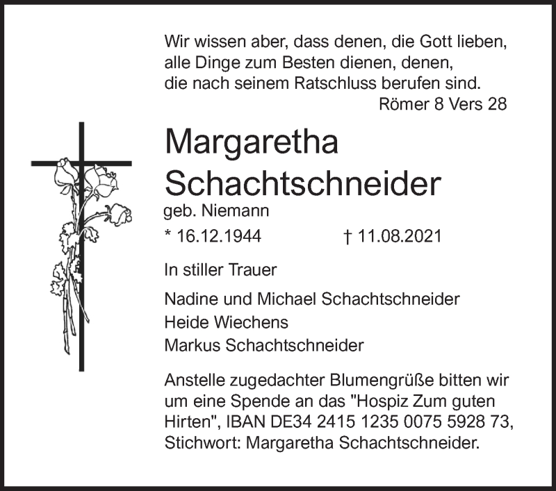 Traueranzeige für Margaretha Schachtschneider vom 18.08.2021 aus Achimer Kurier/Verdener Nachrichten