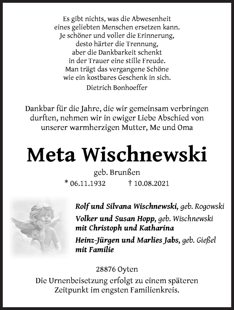  Traueranzeige für Meta Wischnewski vom 14.08.2021 aus WESER-KURIER
