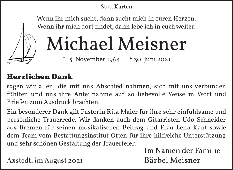  Traueranzeige für Michael Meisner vom 14.08.2021 aus Osterholzer Kreisblatt