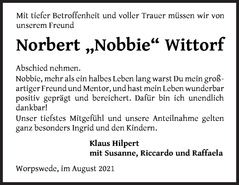  Traueranzeige für Norbert Wittorf vom 14.08.2021 aus WESER-KURIER