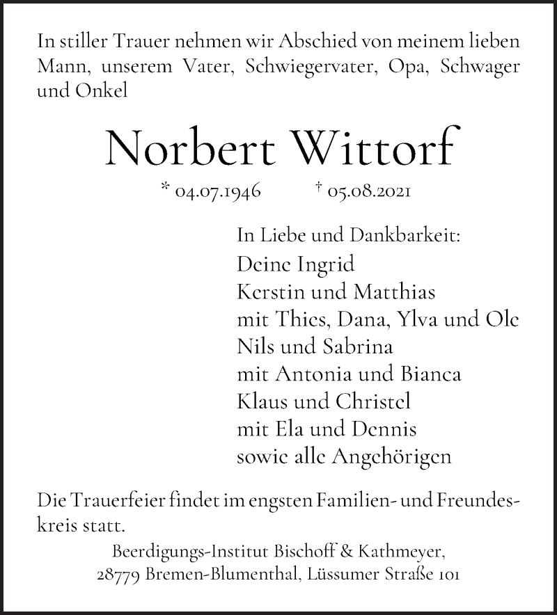 Traueranzeige von Norbert Wittorf von WESER-KURIER