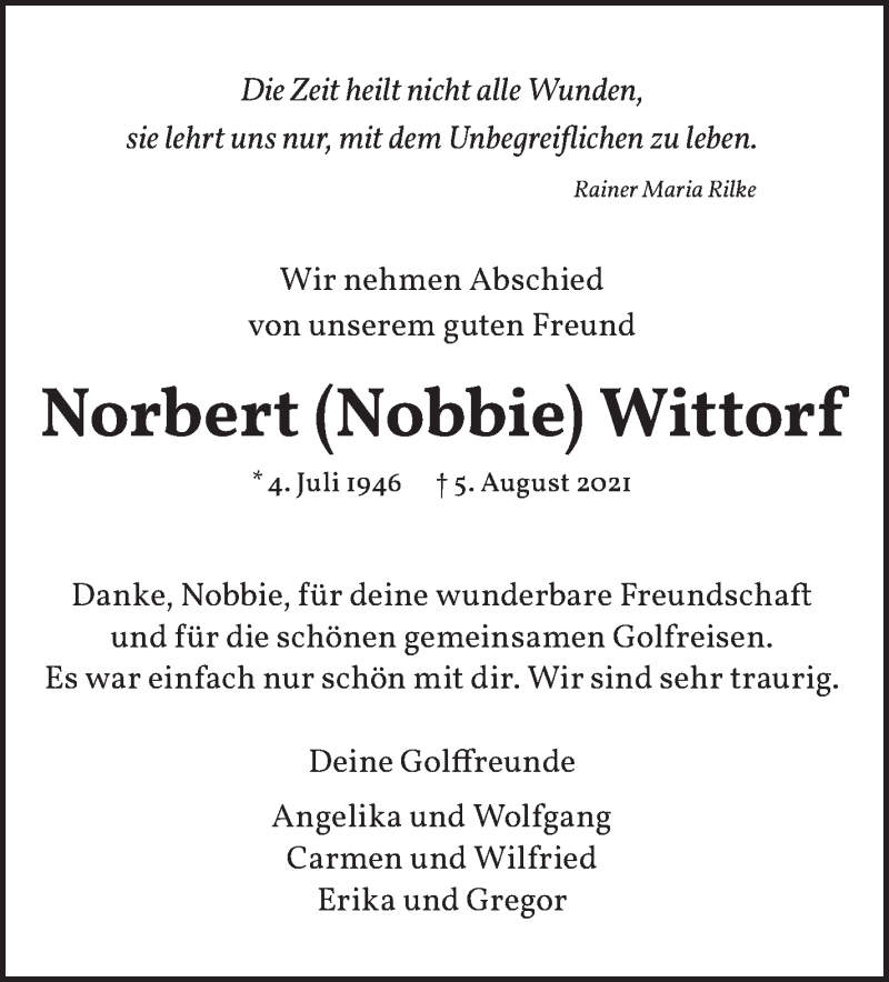  Traueranzeige für Norbert Wittorf vom 14.08.2021 aus WESER-KURIER