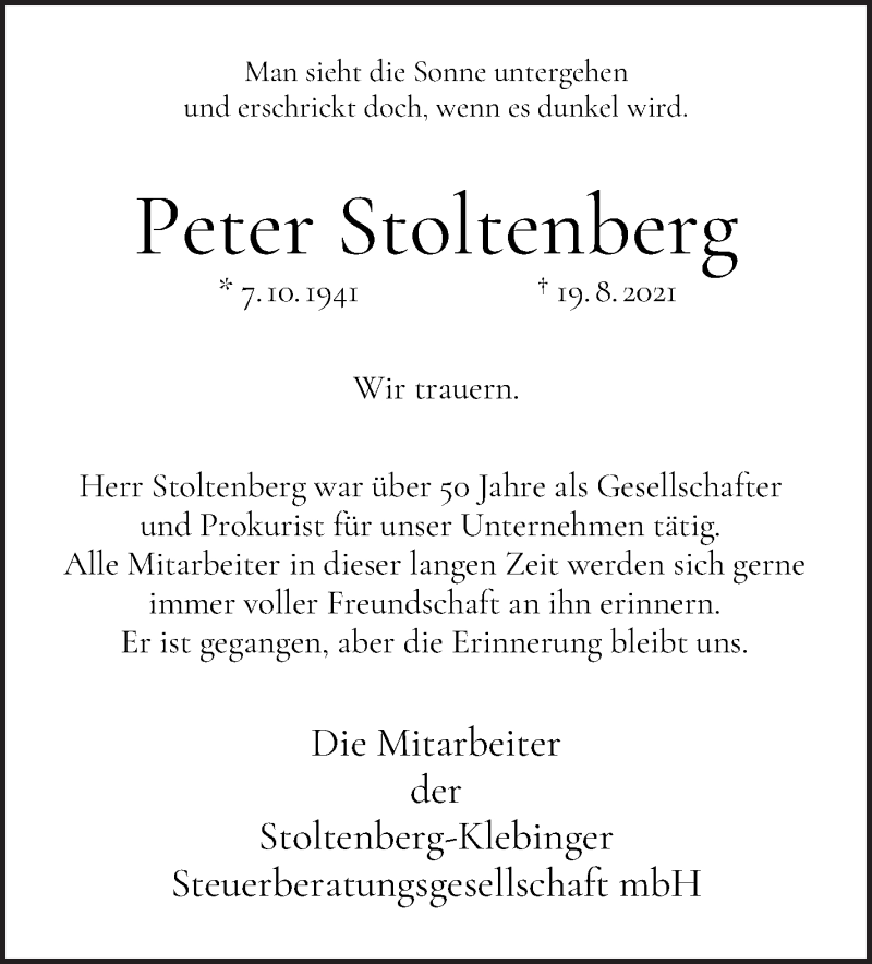  Traueranzeige für Peter Stoltenberg vom 28.08.2021 aus WESER-KURIER