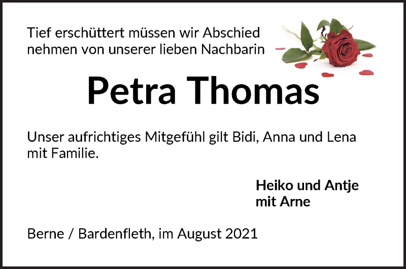  Traueranzeige für Petra Thomas vom 12.08.2021 aus Die Norddeutsche