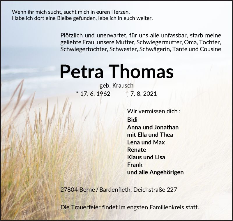  Traueranzeige für Petra Thomas vom 12.08.2021 aus Die Norddeutsche