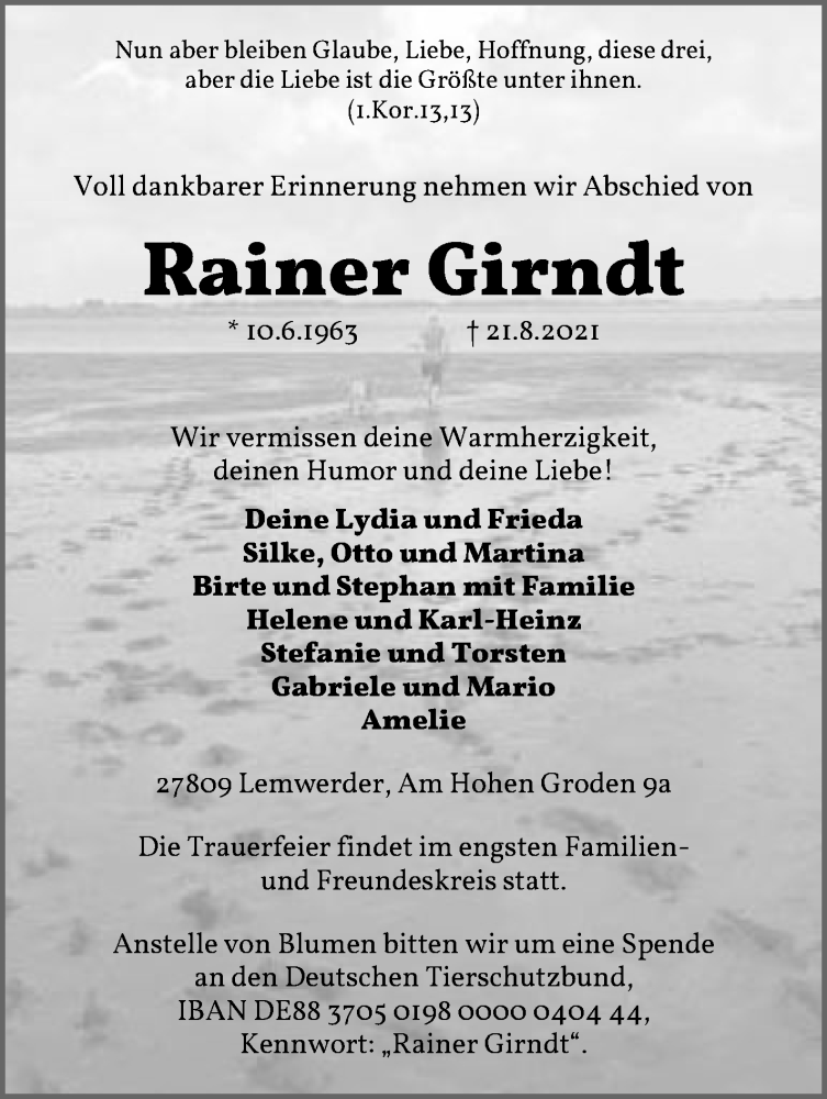  Traueranzeige für Rainer Girndt vom 28.08.2021 aus Die Norddeutsche