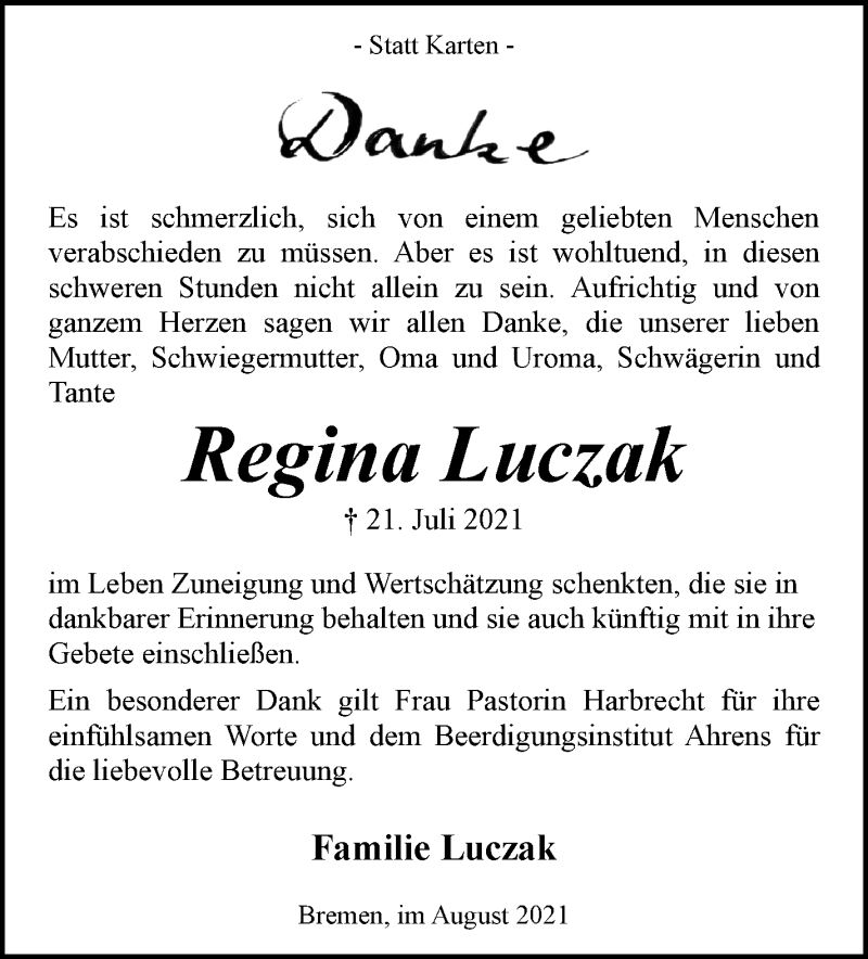 Traueranzeige von Regina Luczak von WESER-KURIER