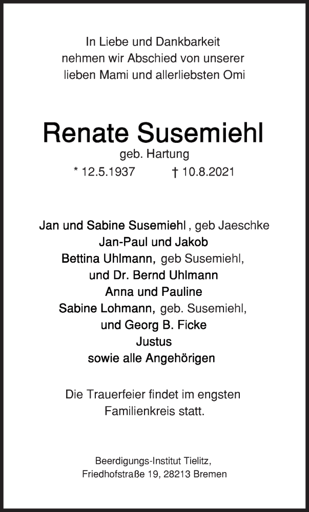  Traueranzeige für Renate Susemiehl vom 14.08.2021 aus WESER-KURIER