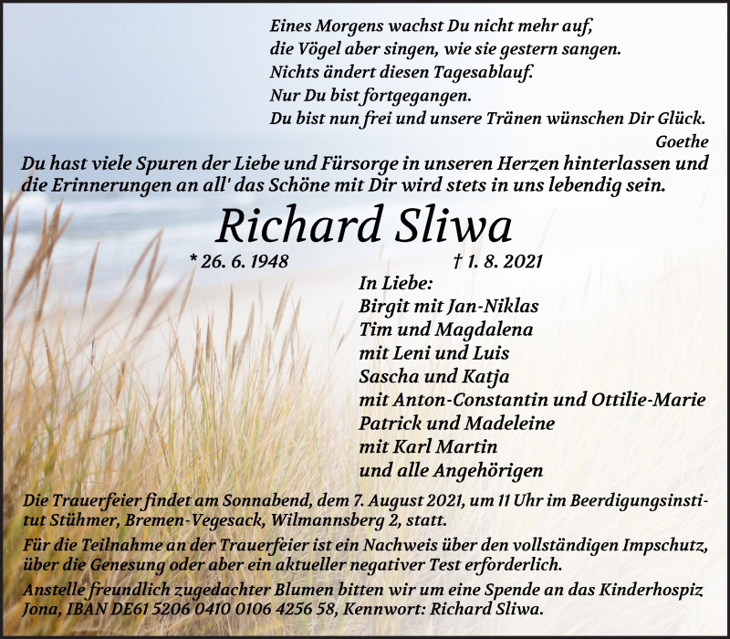  Traueranzeige für Richard Sliwa vom 05.08.2021 aus Die Norddeutsche