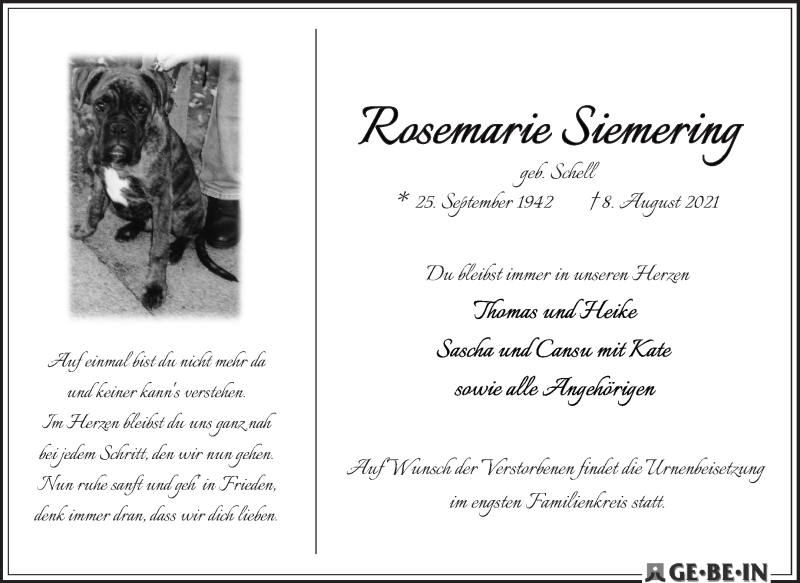  Traueranzeige für Rosemarie Siemering vom 14.08.2021 aus WESER-KURIER