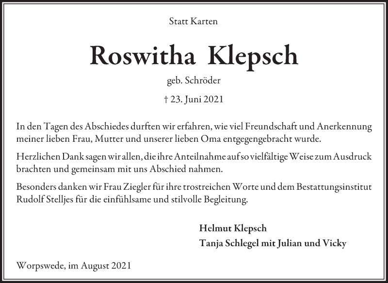  Traueranzeige für Roswitha Klepsch vom 21.08.2021 aus Wuemme Zeitung
