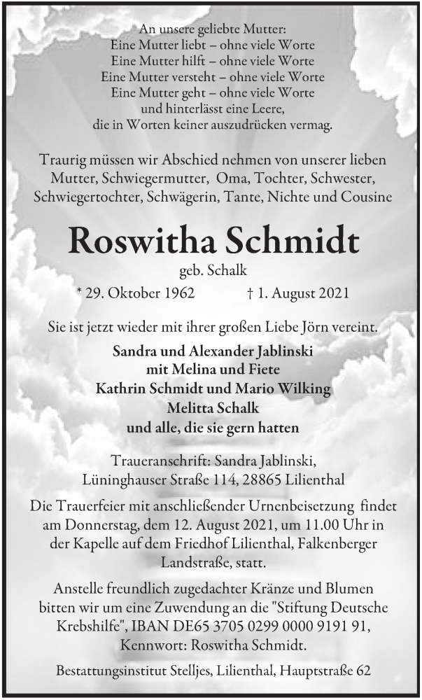 Traueranzeige von Roswitha Schmidt von WESER-KURIER