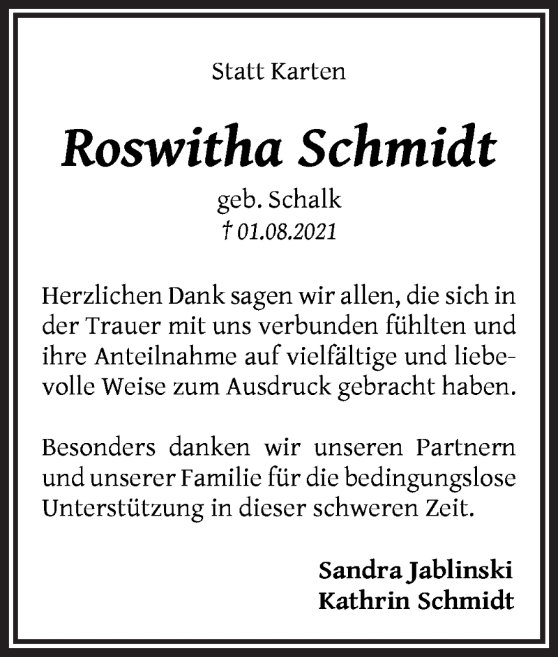 Traueranzeige von Roswitha Schmidt von Wuemme Zeitung