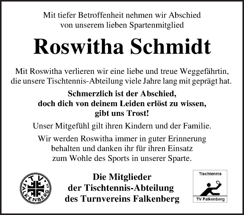 Traueranzeige von Roswitha Schmidt von Wuemme Zeitung