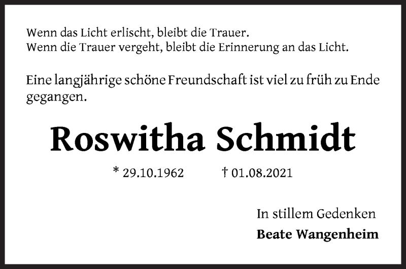 Traueranzeige von Roswitha Schmidt von Wuemme Zeitung