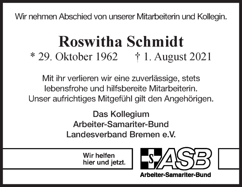 Traueranzeige von Roswitha Schmidt von Wuemme Zeitung